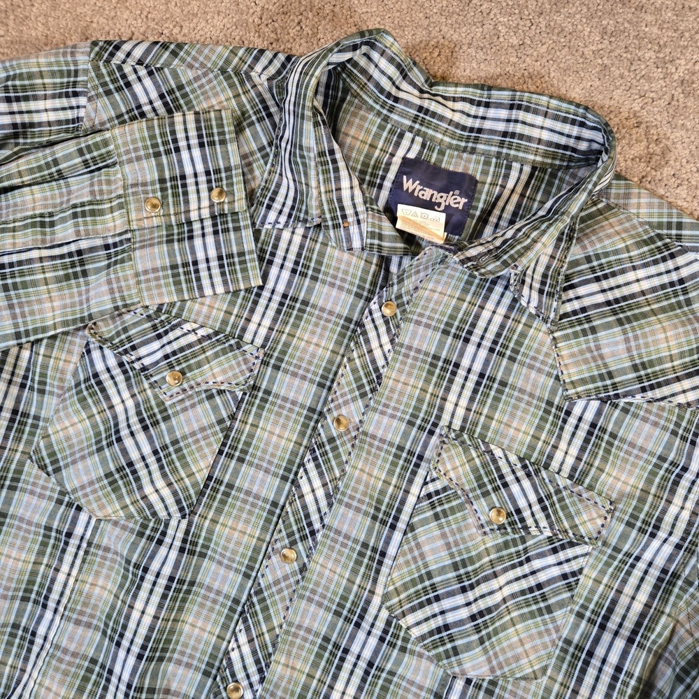Vintage Wrangler Pearl Snap Sage Green Plaid Western Long Sleeve Shirt Large